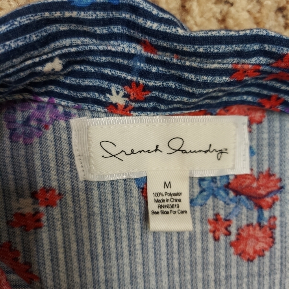 French Laundry Womens Size M Blue Floral Striped Button Front Blouse Long Sleeve - Picture 10 of 14